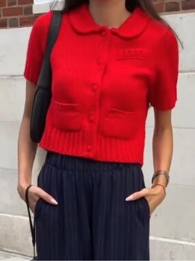 Zara Red Knit Button Down Cardigan Crochet Blogger Rare